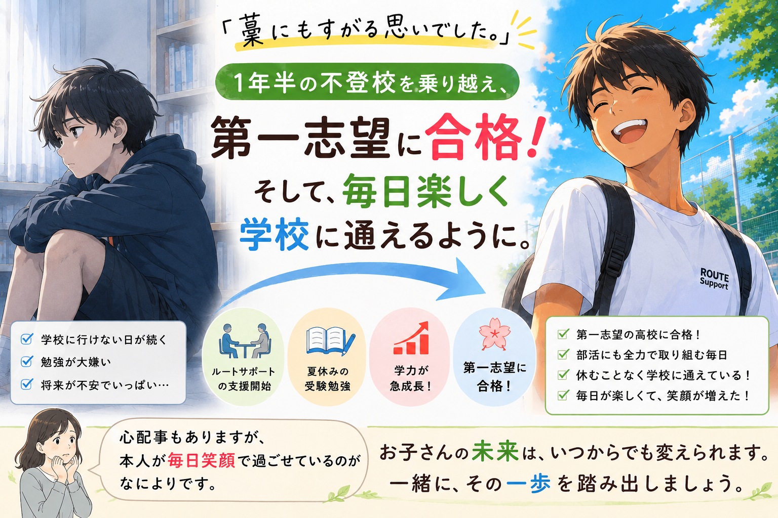 「もう間に合わない」と思っていた。1年半の不登校から第一志望合格、そして毎日笑顔で学校へ通うまで