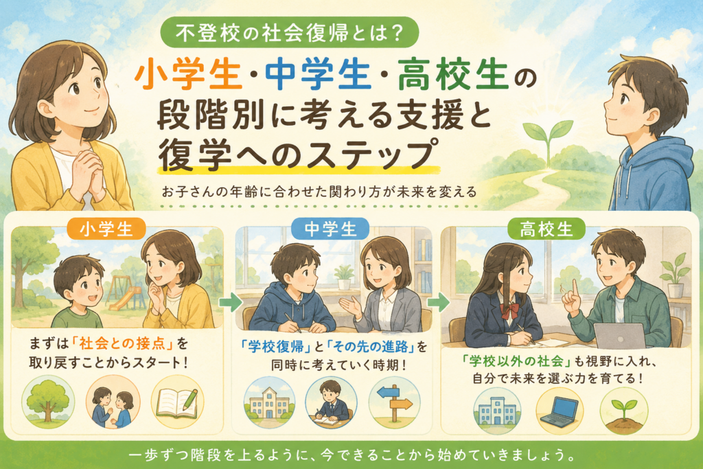 不登校の社会復帰とは？小学生・中学生・高校生の段階別に考える支援と復学へのステップ