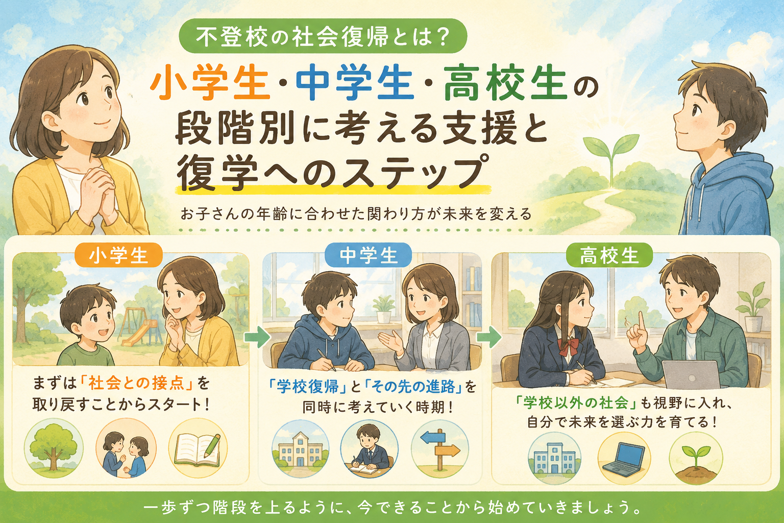 不登校の社会復帰とは？小学生・中学生・高校生の段階別に考える支援と復学へのステップ